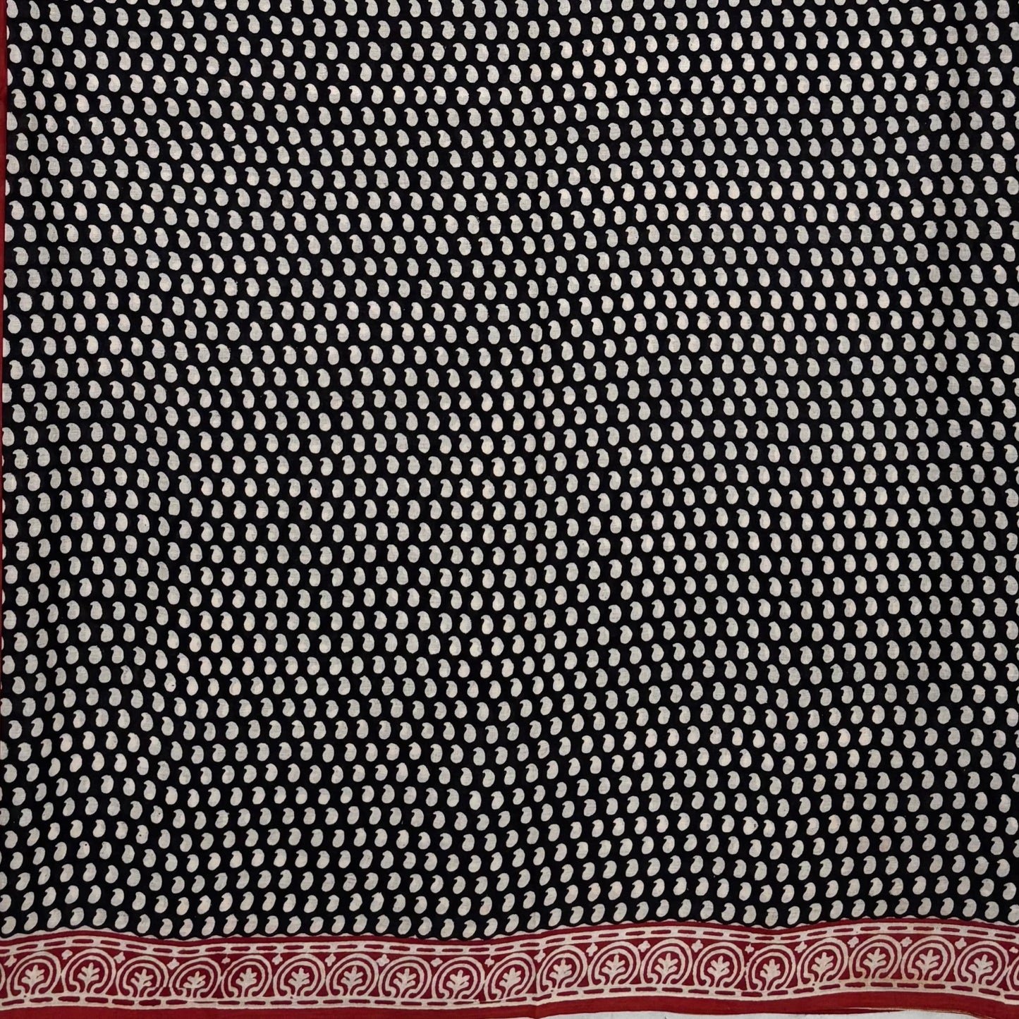 Black Red Block Printed Cotton Saree Paisley Print Body