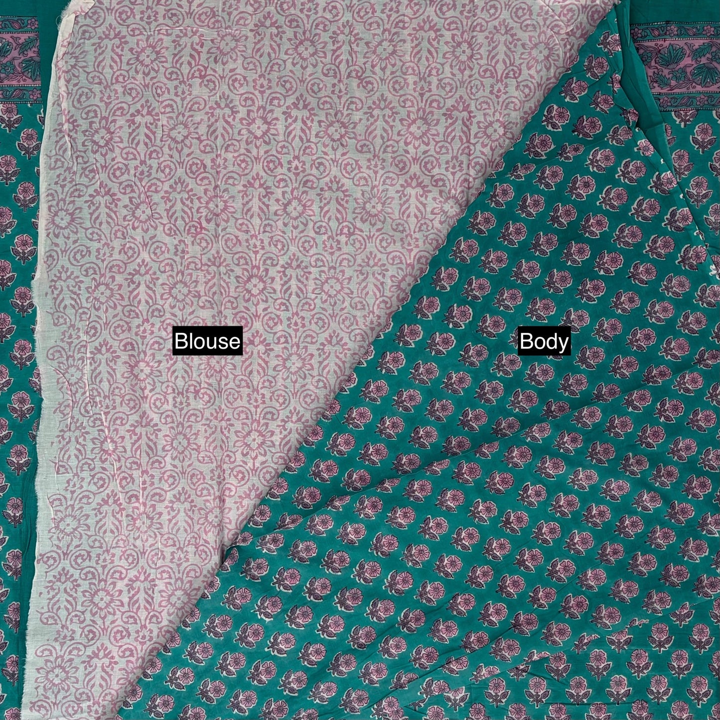 Bagru Blockprinted Cotton Saree - Peacock Green - Blouse