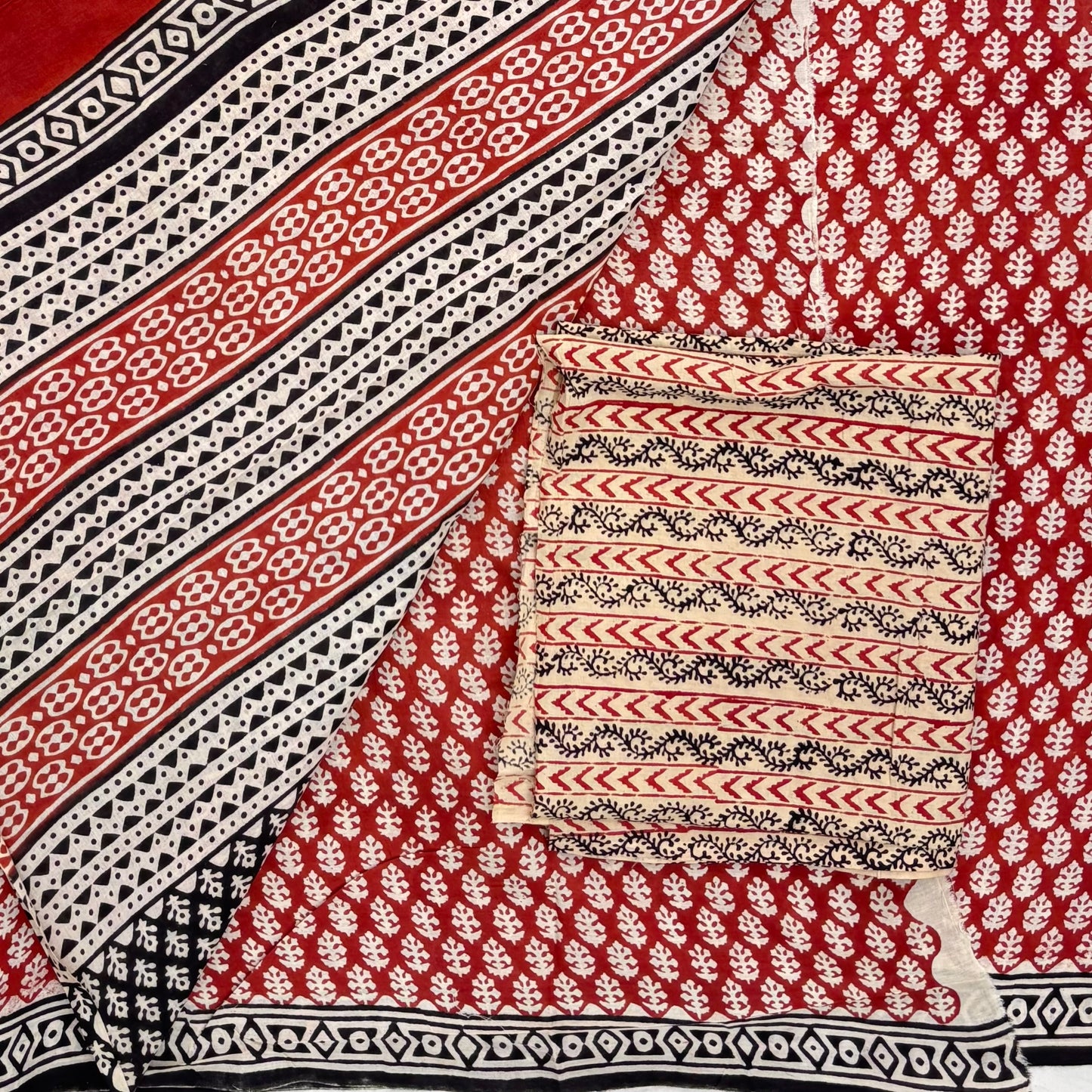 Bagru Blockprinted Cotton Saree Red White Flower Booti Pallu & Blouse