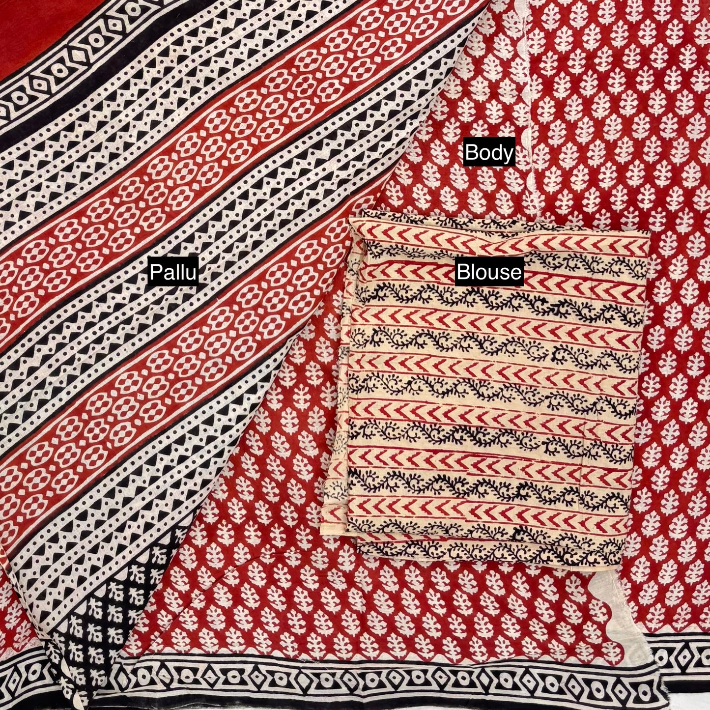 Bagru Blockprinted Cotton Saree Red White Flower Booti Pallu & Blouse