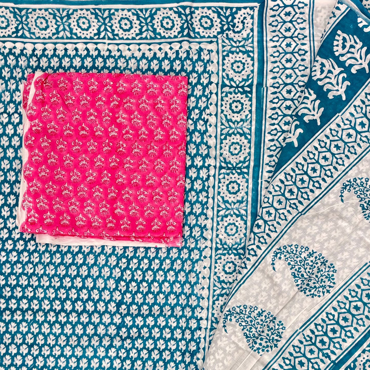 Teal White Cotton Block Printed Saree Blouse Pallu