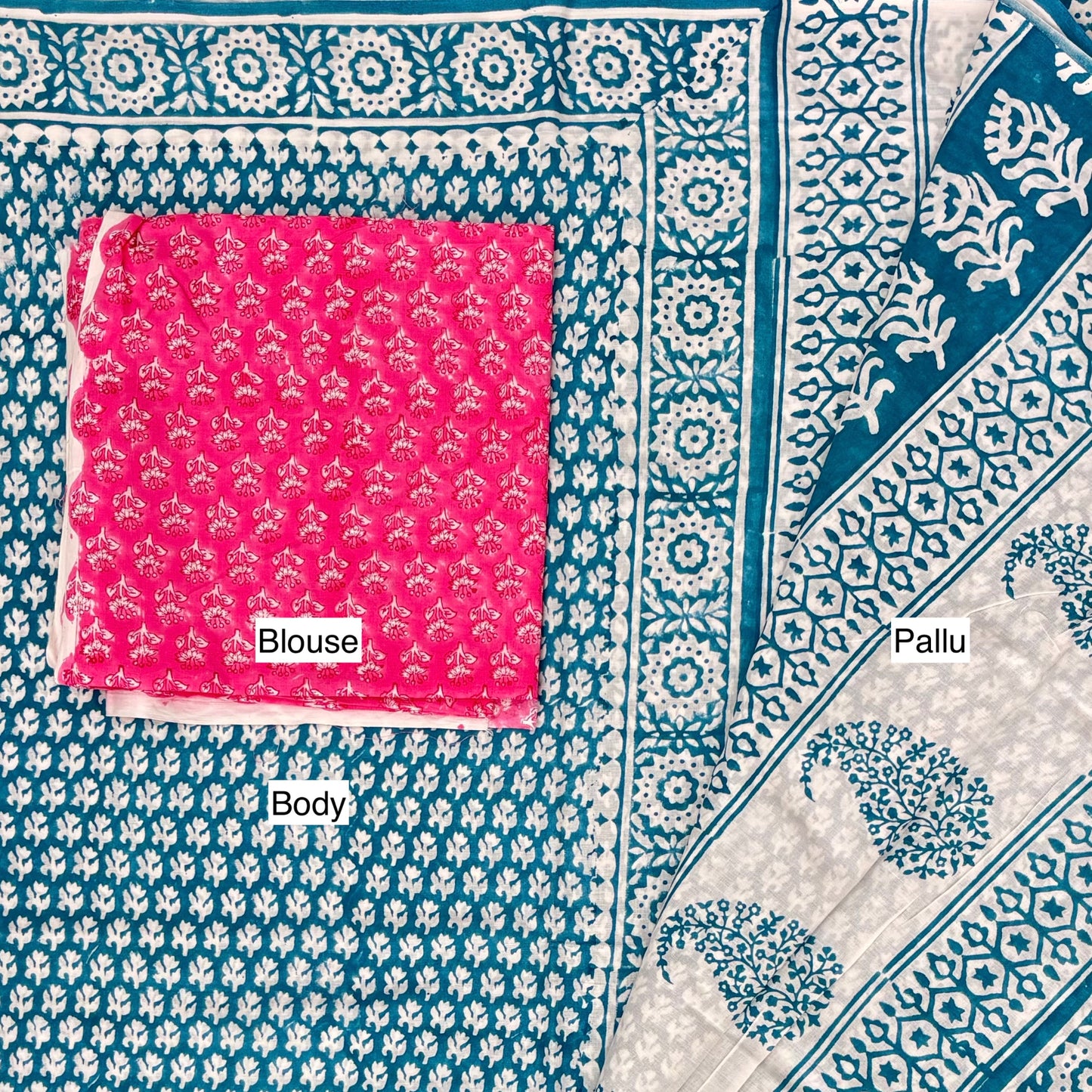Teal White Cotton Block Printed Saree Blouse Pallu
