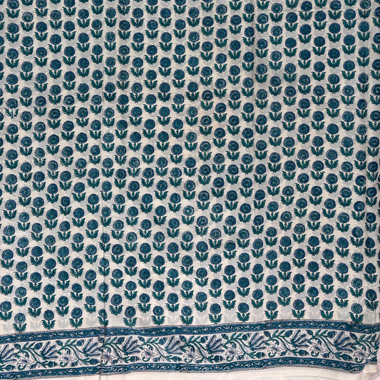 Mint Green cotton saree with dark green floral booti blockprint all over and a green border.