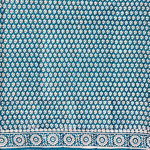 Cotton Block printed saree with teal print on white base