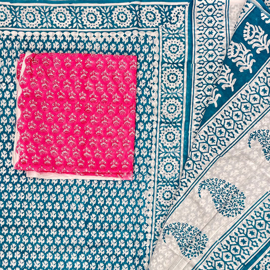Close up of cotton block printed saree in white base with teal floral prints with a pink blockprinted blouse material.