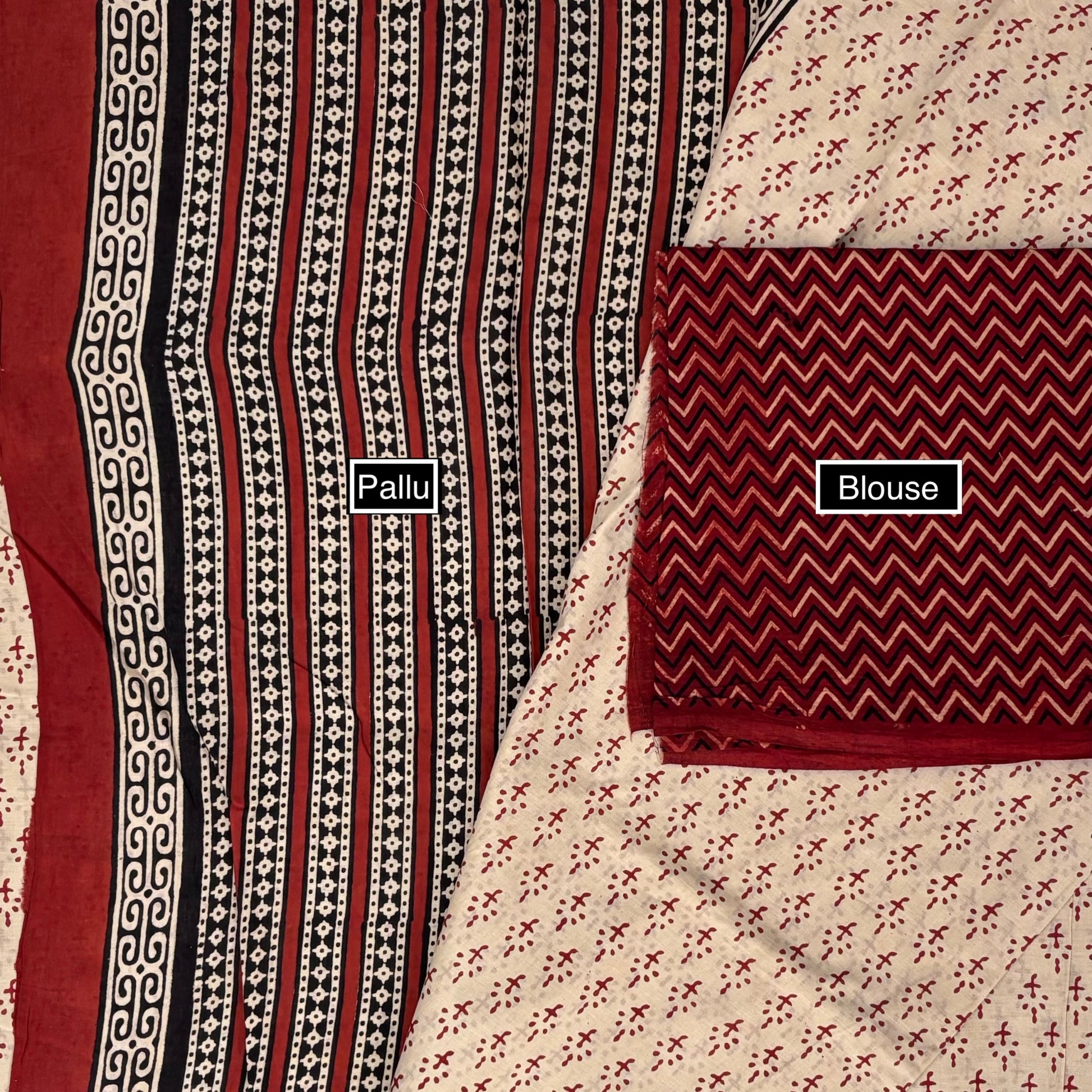 Beige Maroon Cotton Block Printed Saree Blouse Pallu