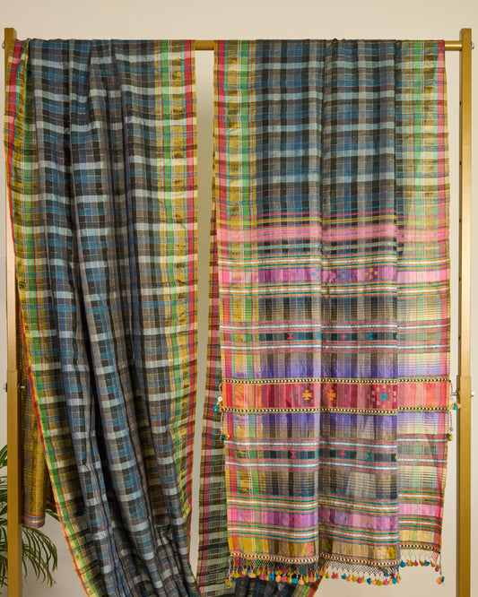 Bhujodi Saree in Silk with colourful checks on display