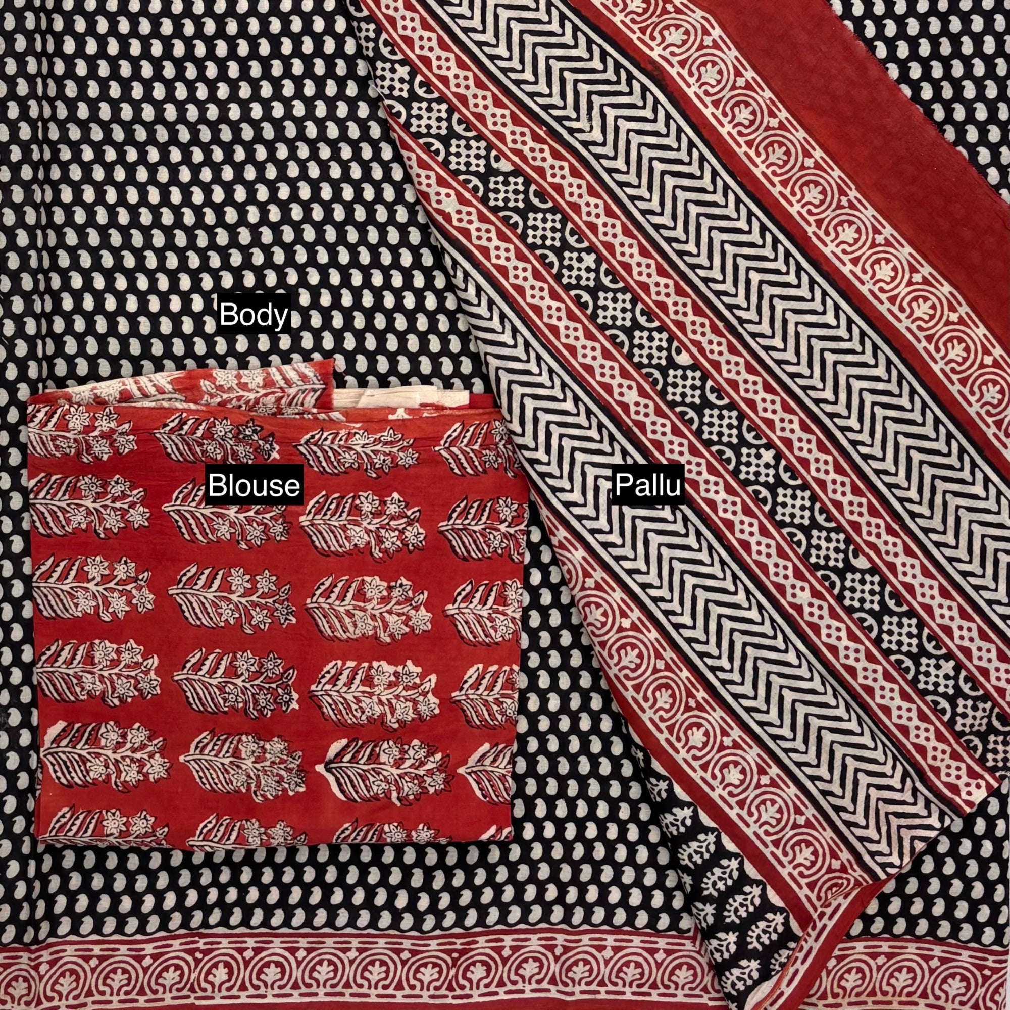 Black Red Block Printed Cotton Saree Paisley Print Blouse Pallu