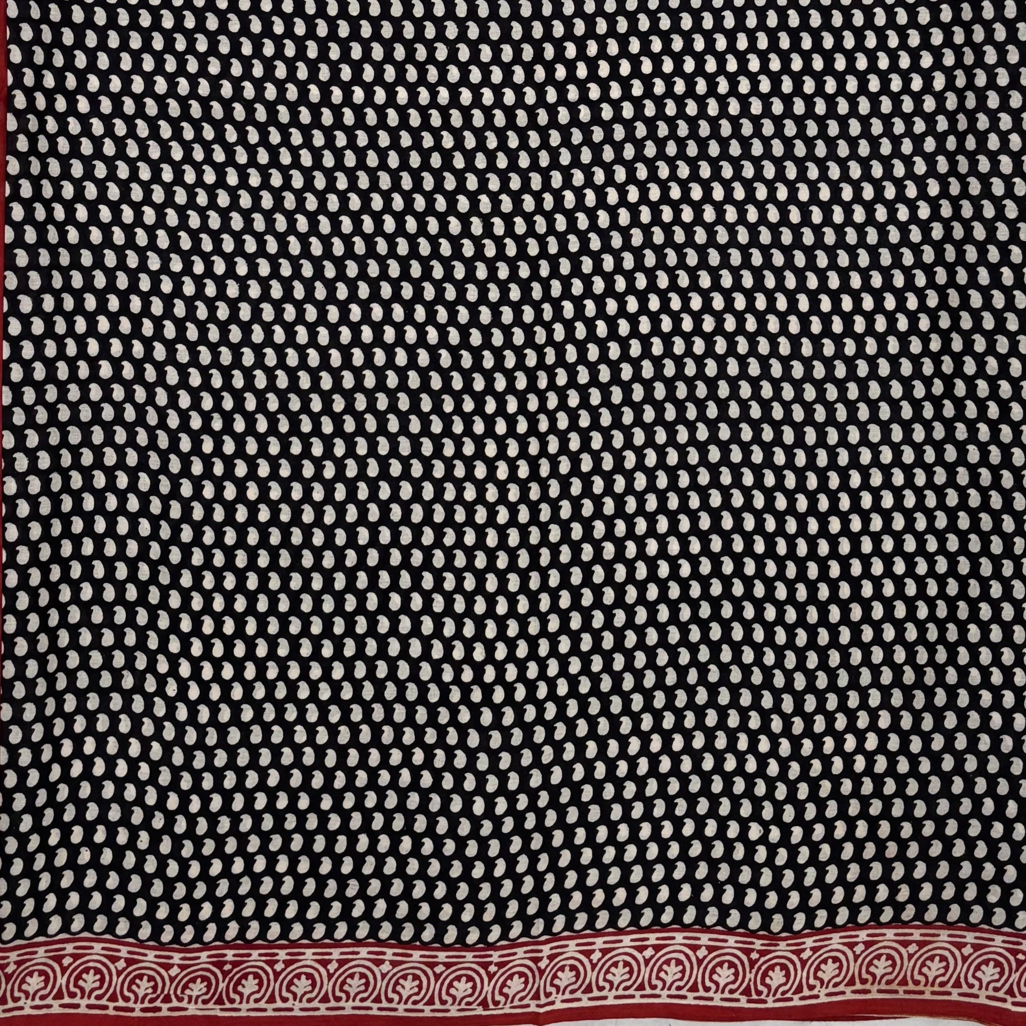 Black Red Block Printed Cotton Saree Paisley Print Body