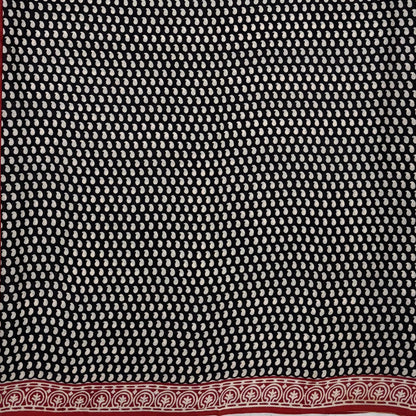 Black Red Block Printed Cotton Saree Paisley Print Body
