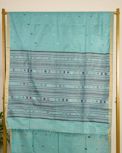 Blue Kosa Silk Saree with Extra Weft Motifs on display 