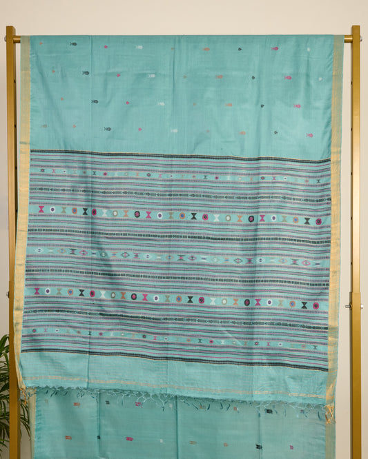 Blue Kosa Silk Saree with Extra Weft Motifs on display 