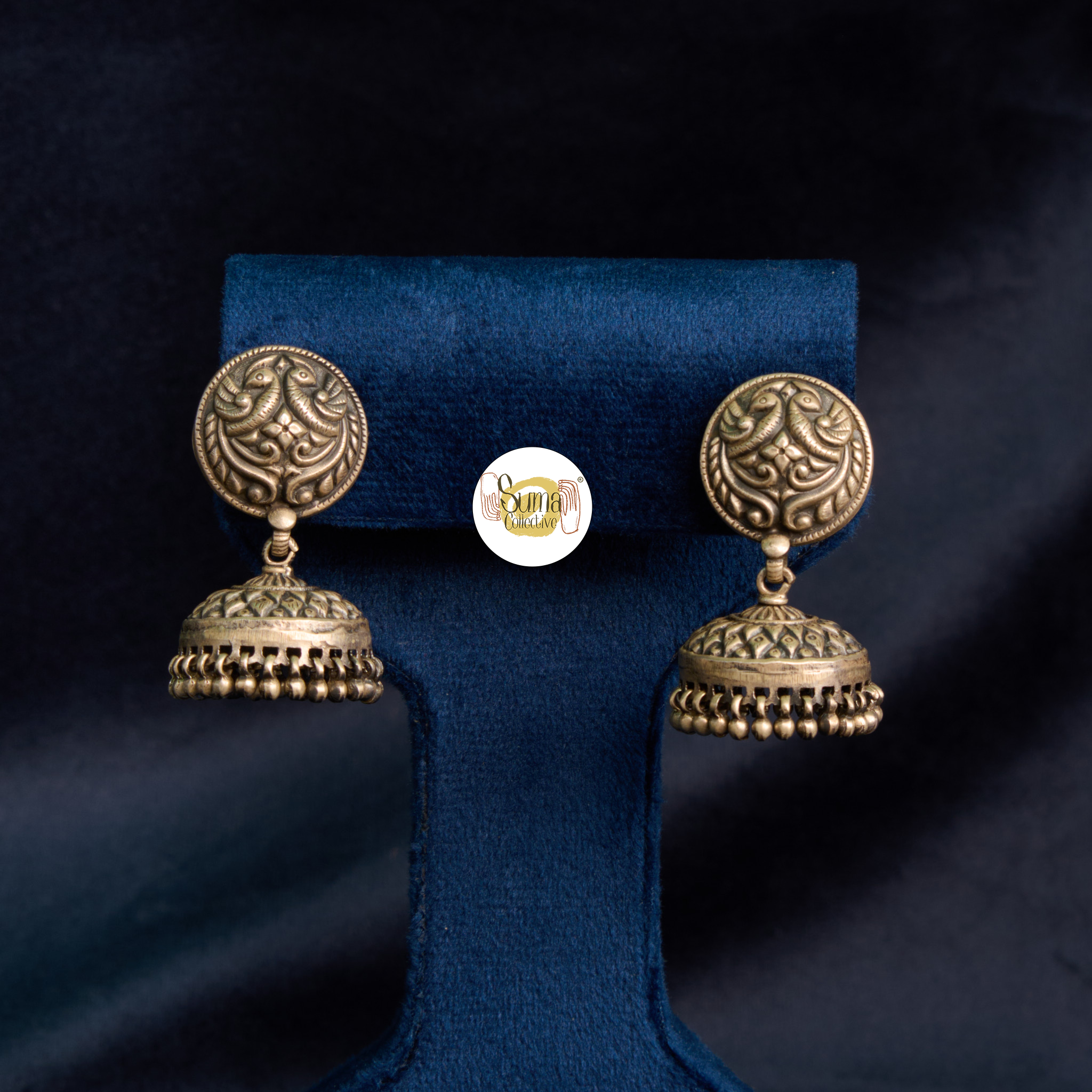Mor Chitai Work Silver Jhumka Earrings