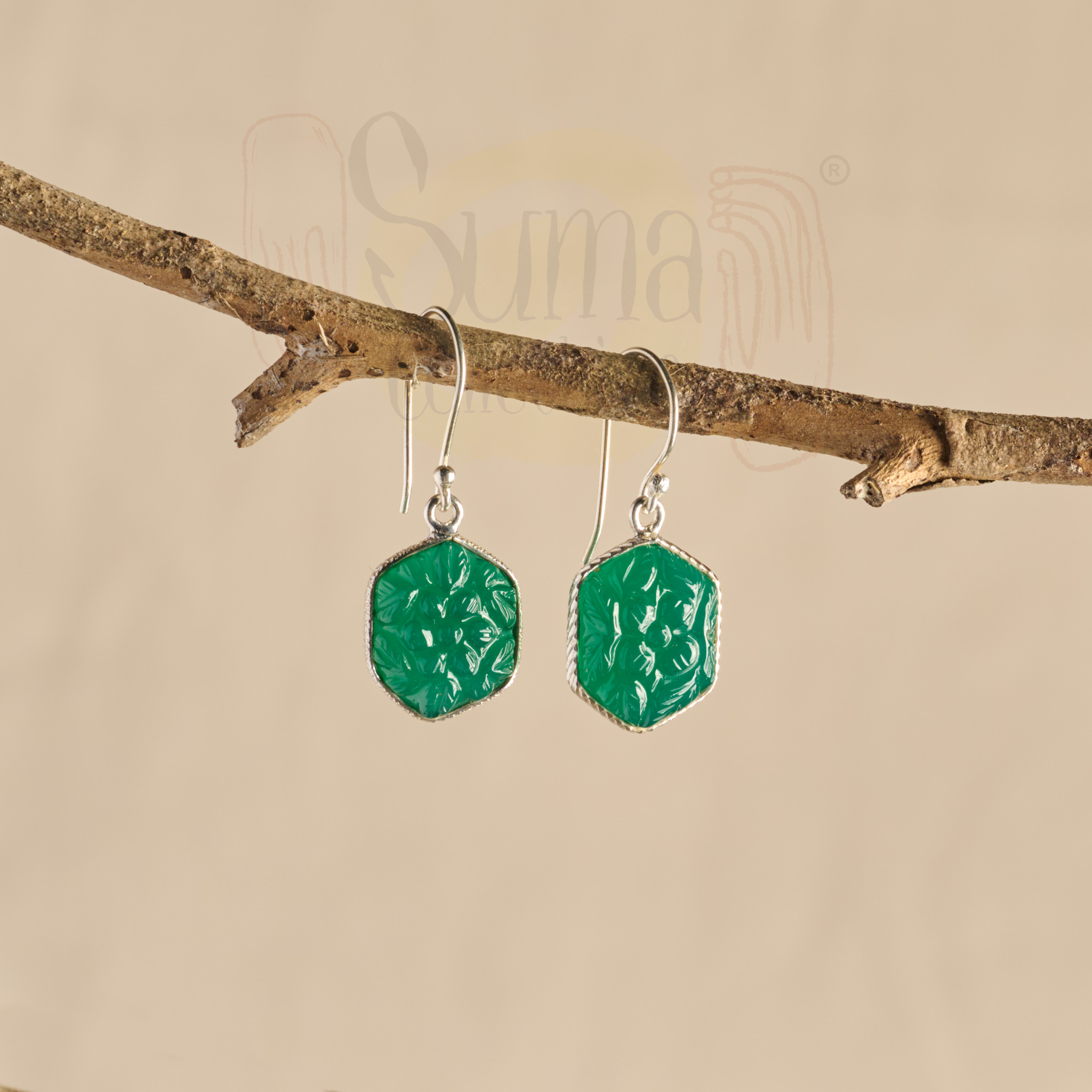 Vana Engraved Green Jade Silver Earrings