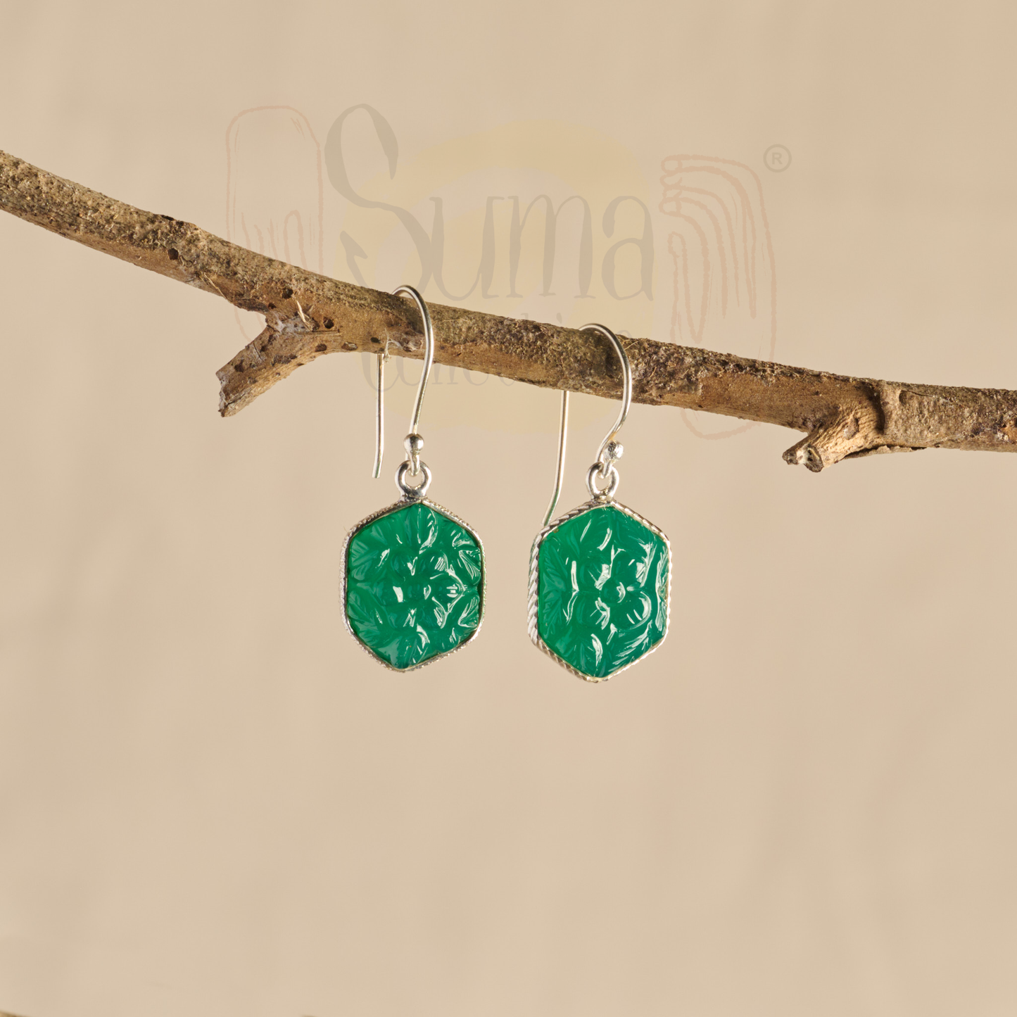 Vana Engraved Green Jade Silver Earrings