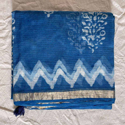 Dabu Indigo Kota Cotton Saree - Chevron