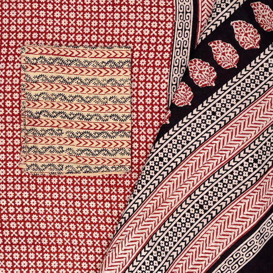 Bagru Blockprinted Cotton Saree - Red | Floral Print
