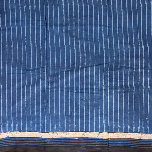 Dabu Blockprinted Cotton Saree - Indigo Stripes