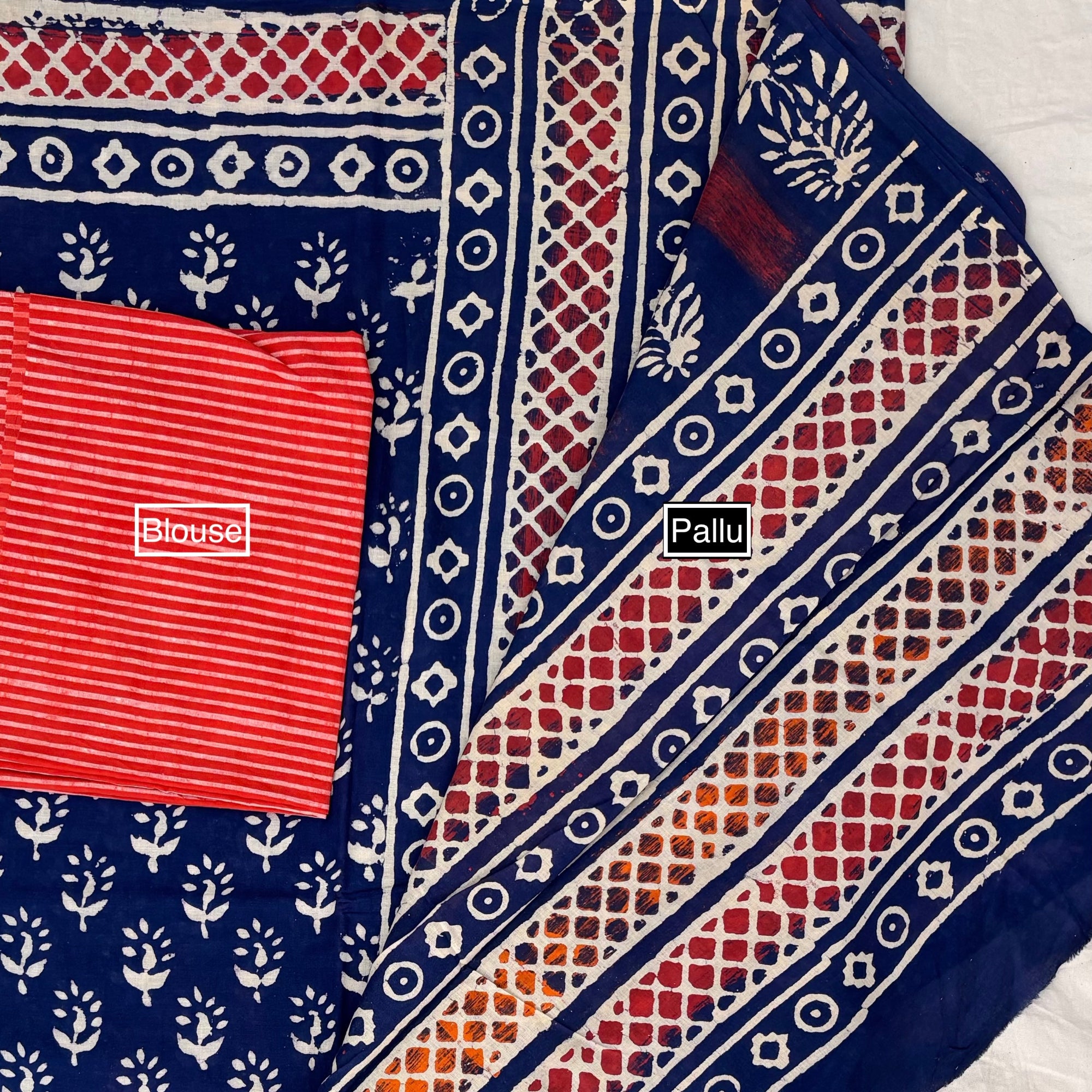 Indigo Dabu Print Cotton Saree Blouse Pallu