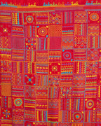 Close up of the Lambani embroidery on the pallu of Red Kosa silk saree.