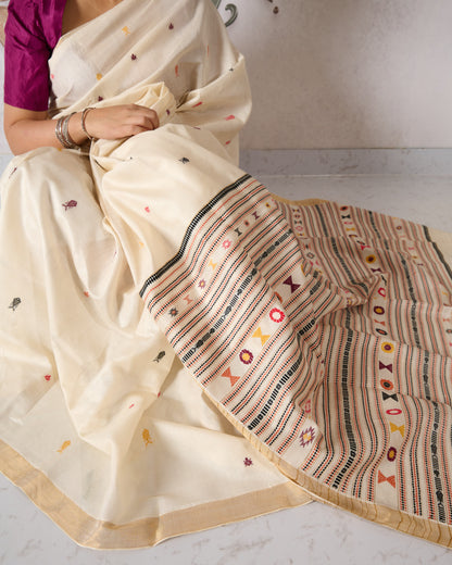 White kosa silk saree with intricate multi colour motifs on a white background
