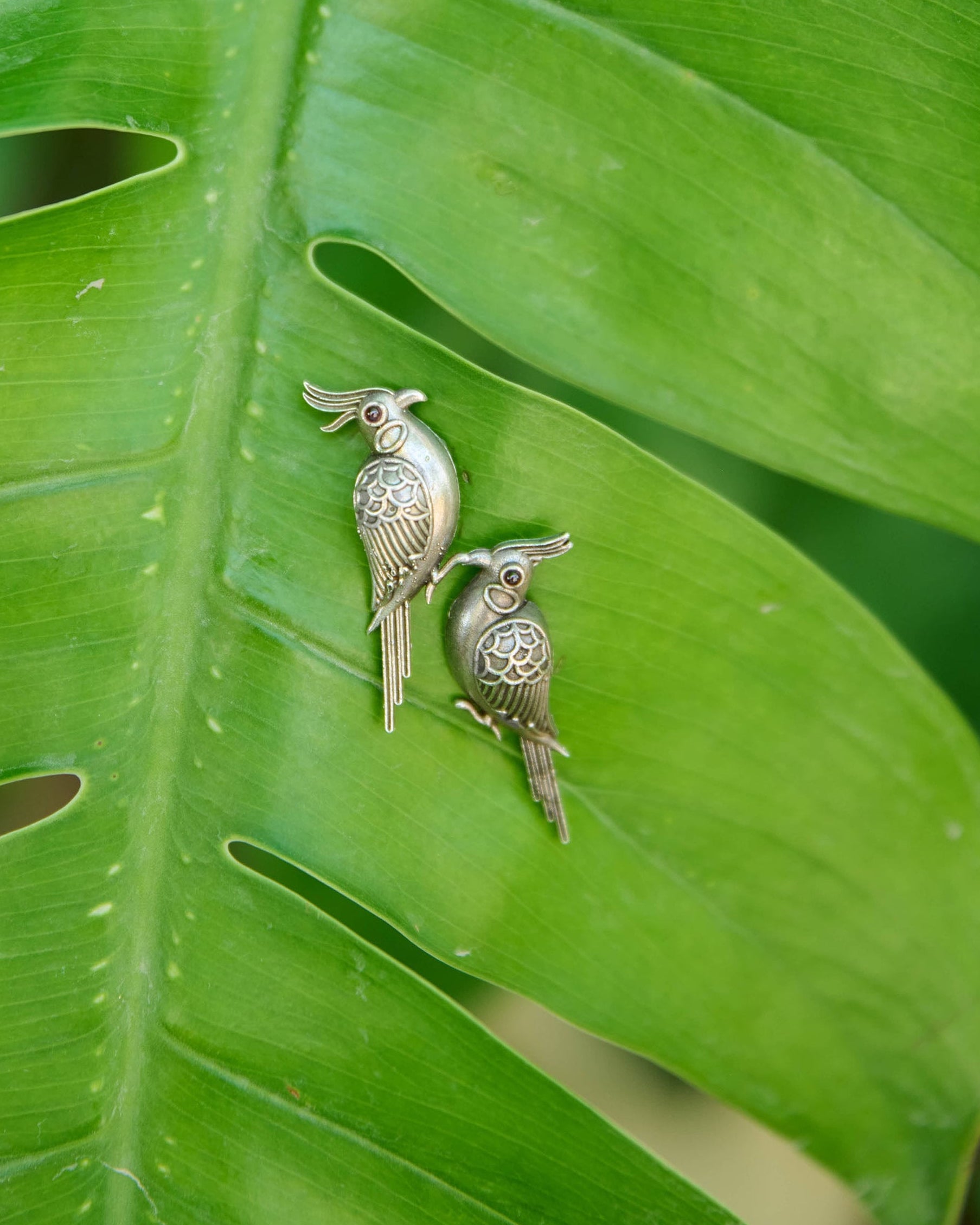 Silver earrings in the design of bulbul with a red stone engraved.