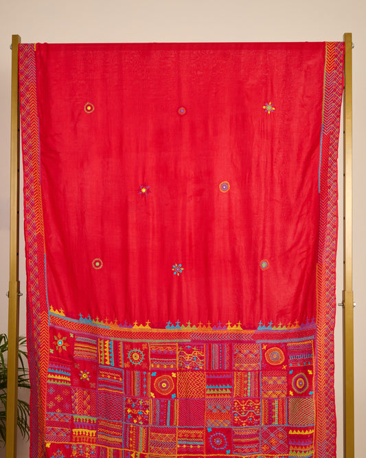 Lambani Embroidered Kosa Silk Saree Red on display