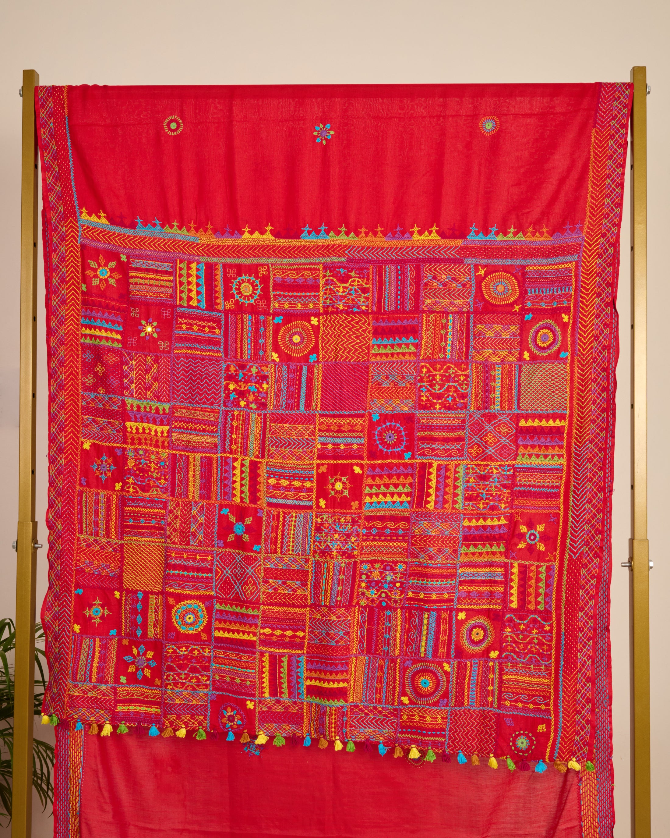 Lambani Embroidered Kosa Silk Saree Red pallu on display
