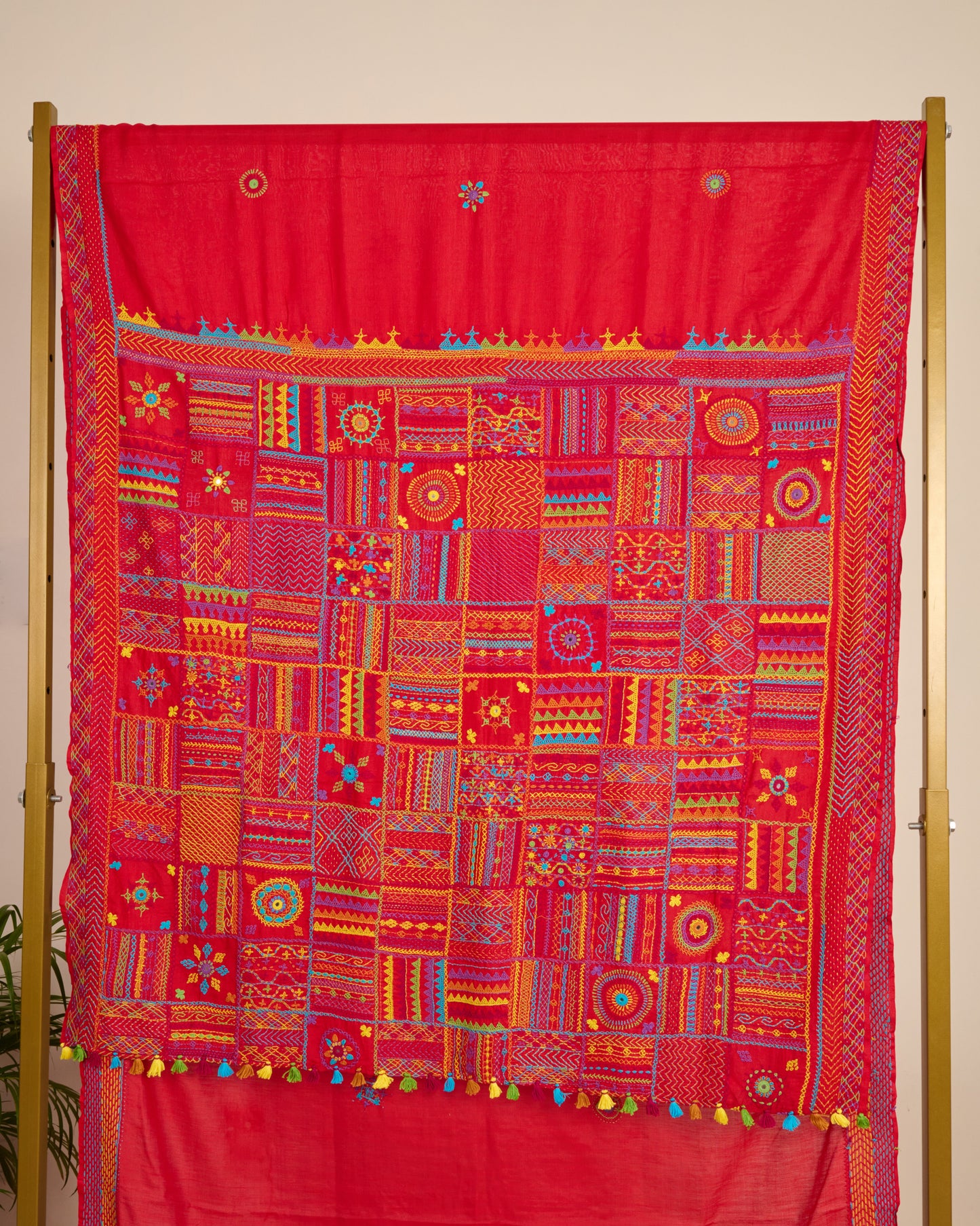 Lambani Embroidered Kosa Silk Saree Red pallu on display