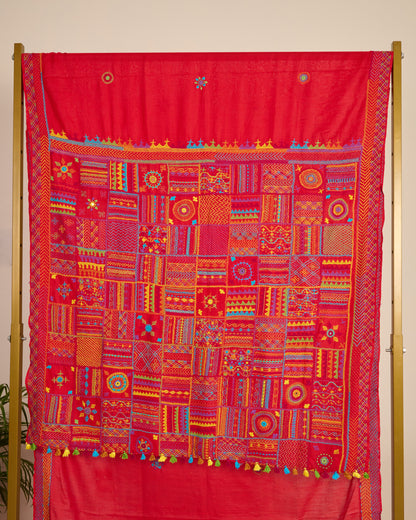Lambani Embroidered Kosa Silk Saree Red pallu on display