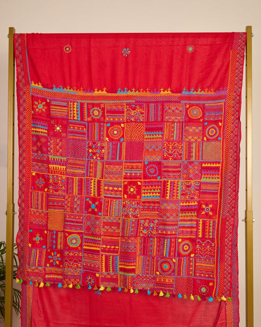 Lambani Embroidered Kosa Silk Saree Red pallu on display