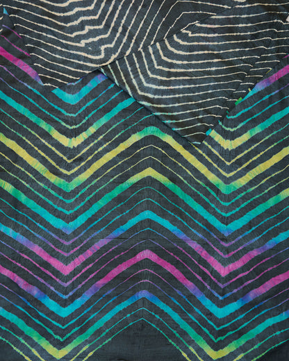 A black leheriya saree with multicolour leheriya on pallu