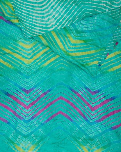 A sea green leheriya saree with multicolour leheriya on pallu