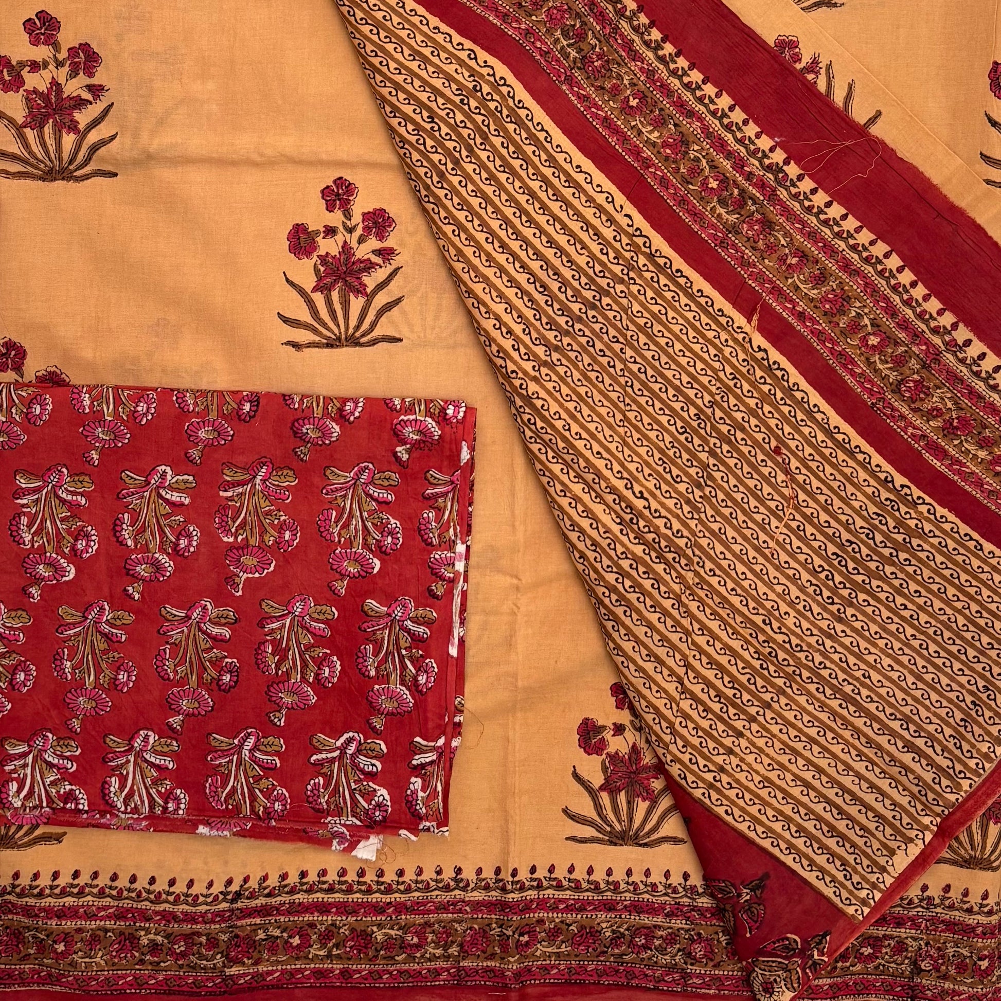 Bagru Blockprinted Cotton Saree Light Brown Red Mughal Print Pallu & Blouse