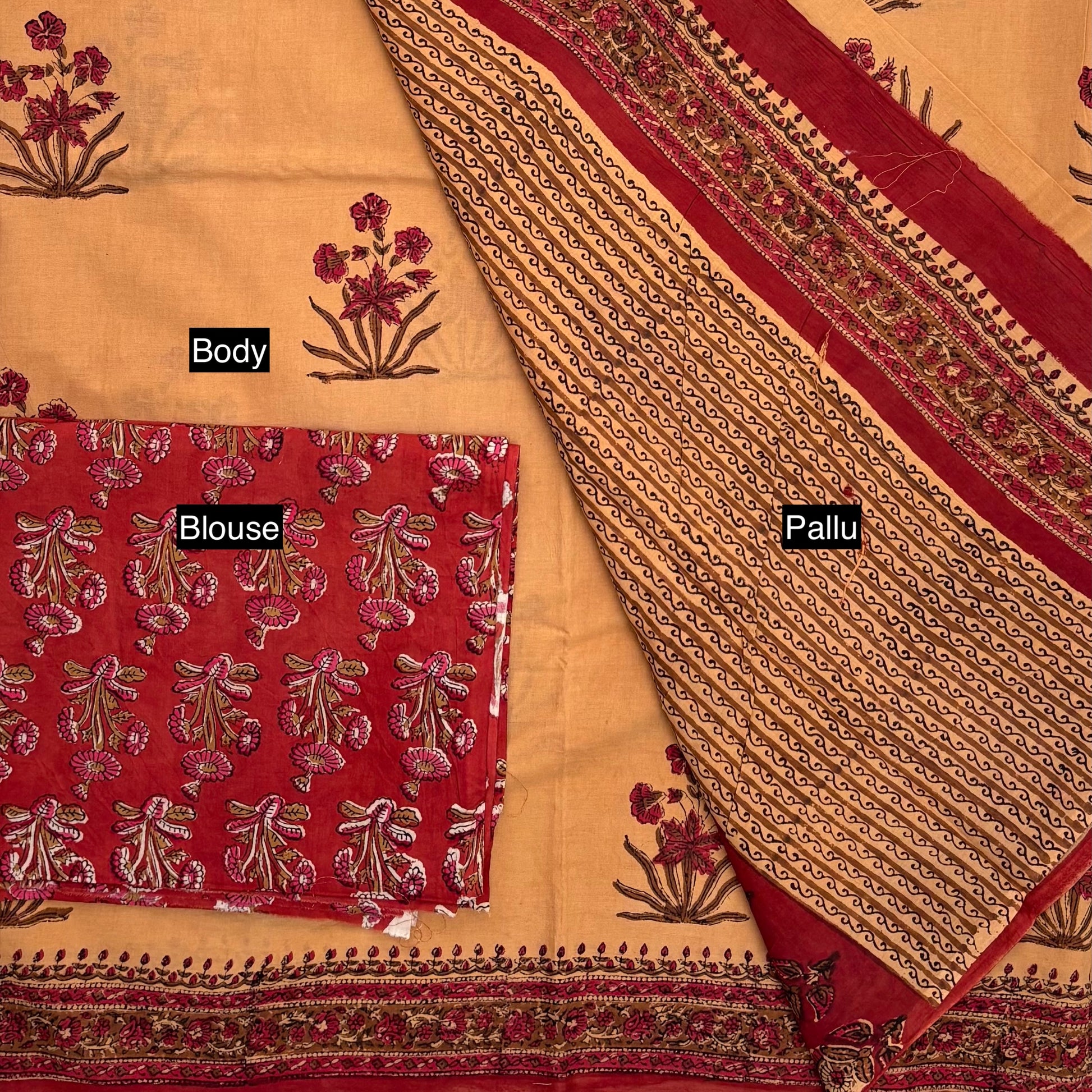 Bagru Blockprinted Cotton Saree Light Brown Red Mughal Print Pallu & Blouse 