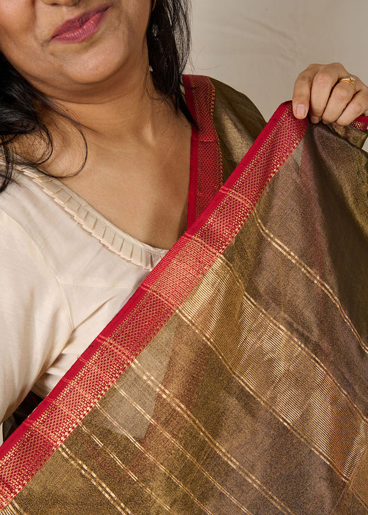 Women wearing a maheshwari tissue saree in dual tone of black and gold showcasing the ornate border of the saree.