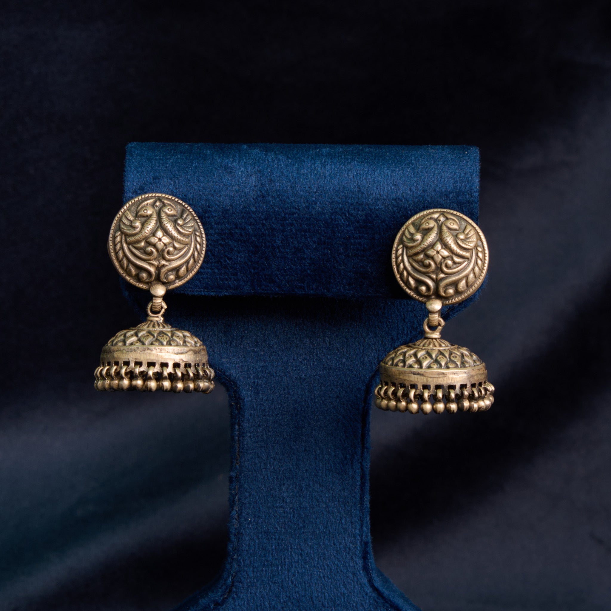 Pair of ornate chitai work jhumka in 92.5 silver