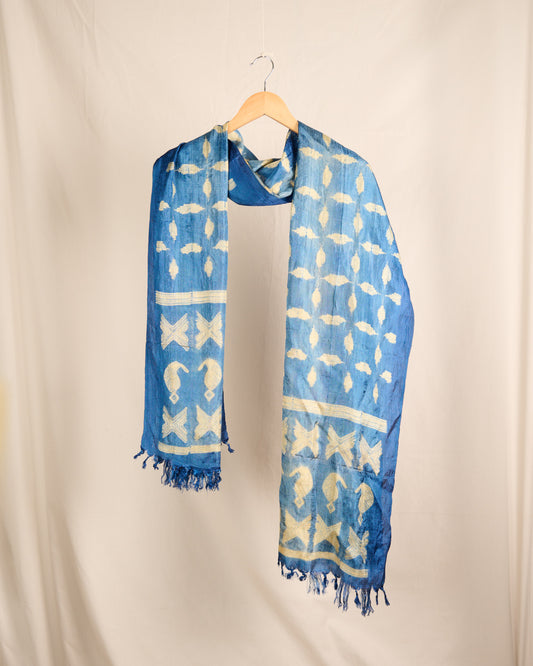 Munga Silk Nui Shibori stole Ink Blue Colour Handloom Stole Needle Shibori