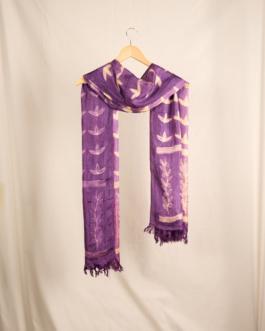 Munga Silk Nui Shibori Stole Purple Colour Handloom Stone Needle Shibori