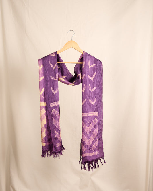 Munga Silk Stole Nui Shibori Print Purple Colour Needle Shibori Handloom Stole