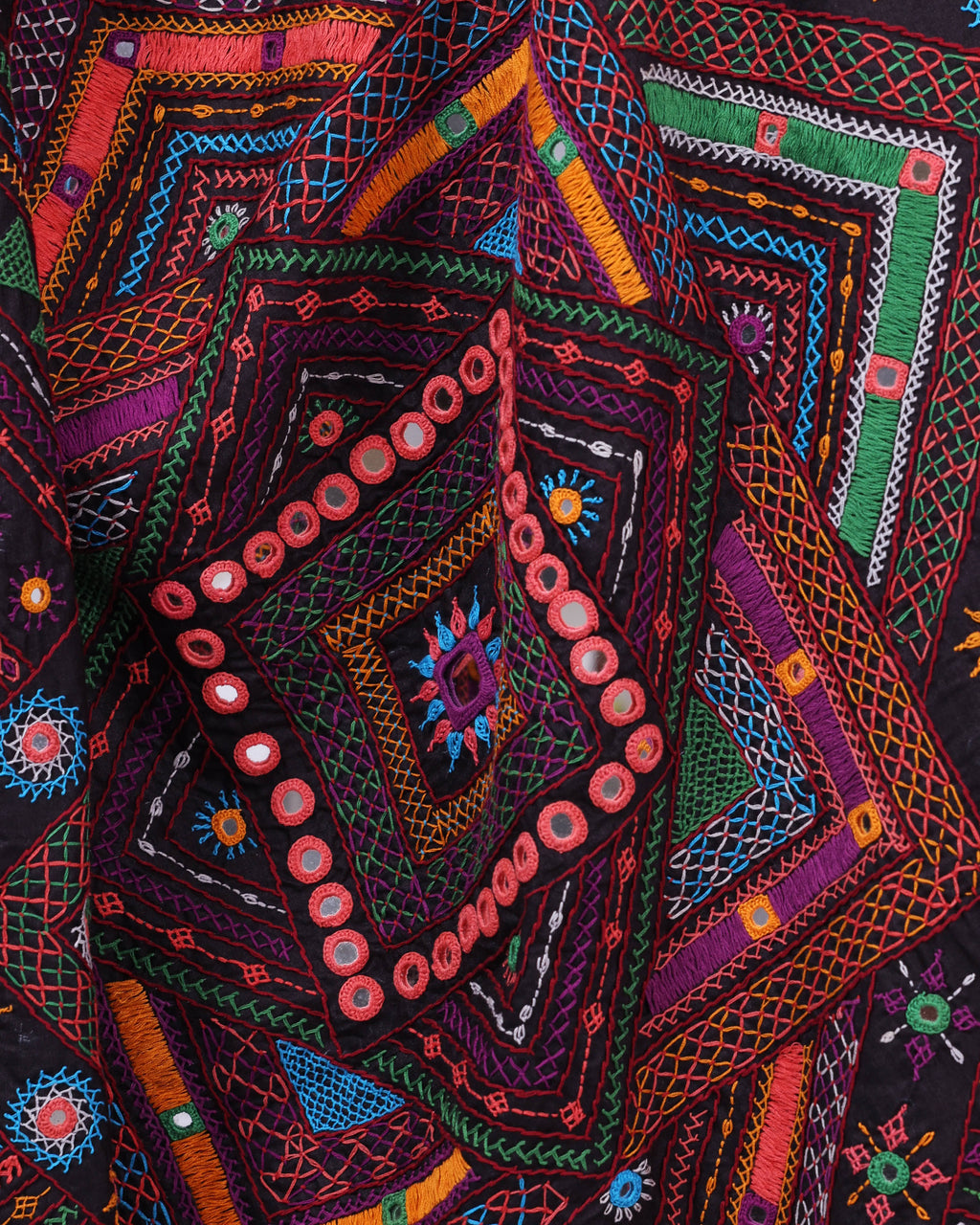 Close up of a black pallu with ornate embroidery