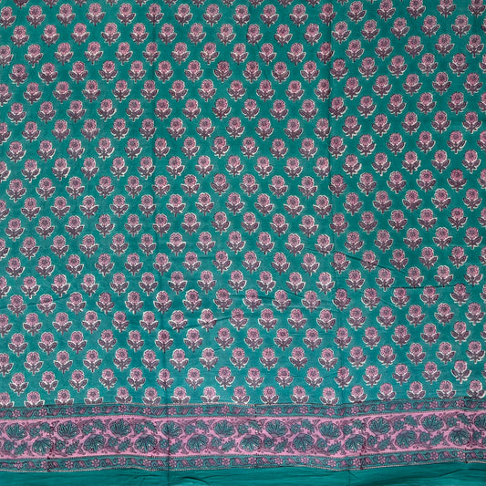 Bagru Blockprinted Cotton Saree - Peacock Green - Body