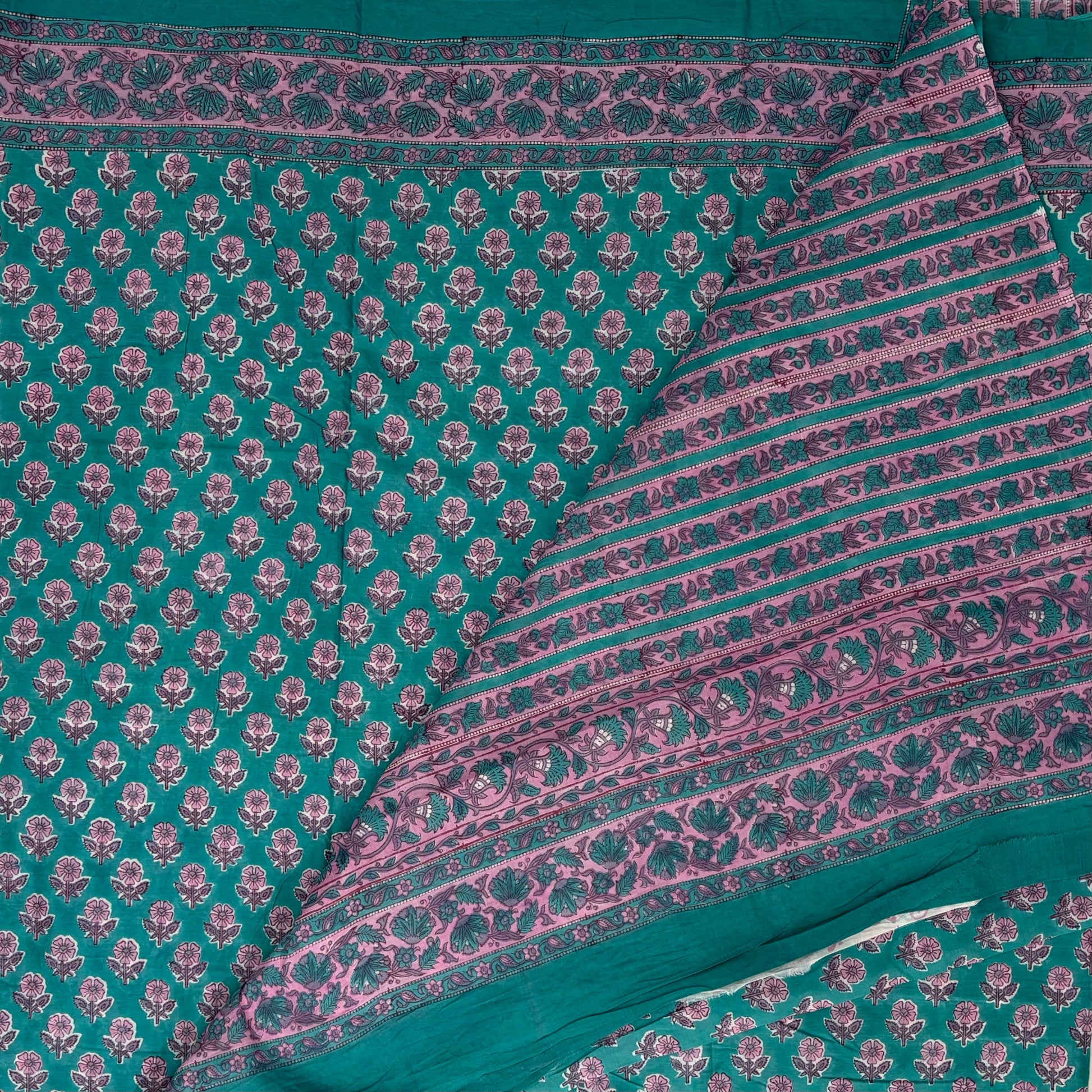 Bagru Blockprinted Cotton Saree - Peacock Green - Pallu