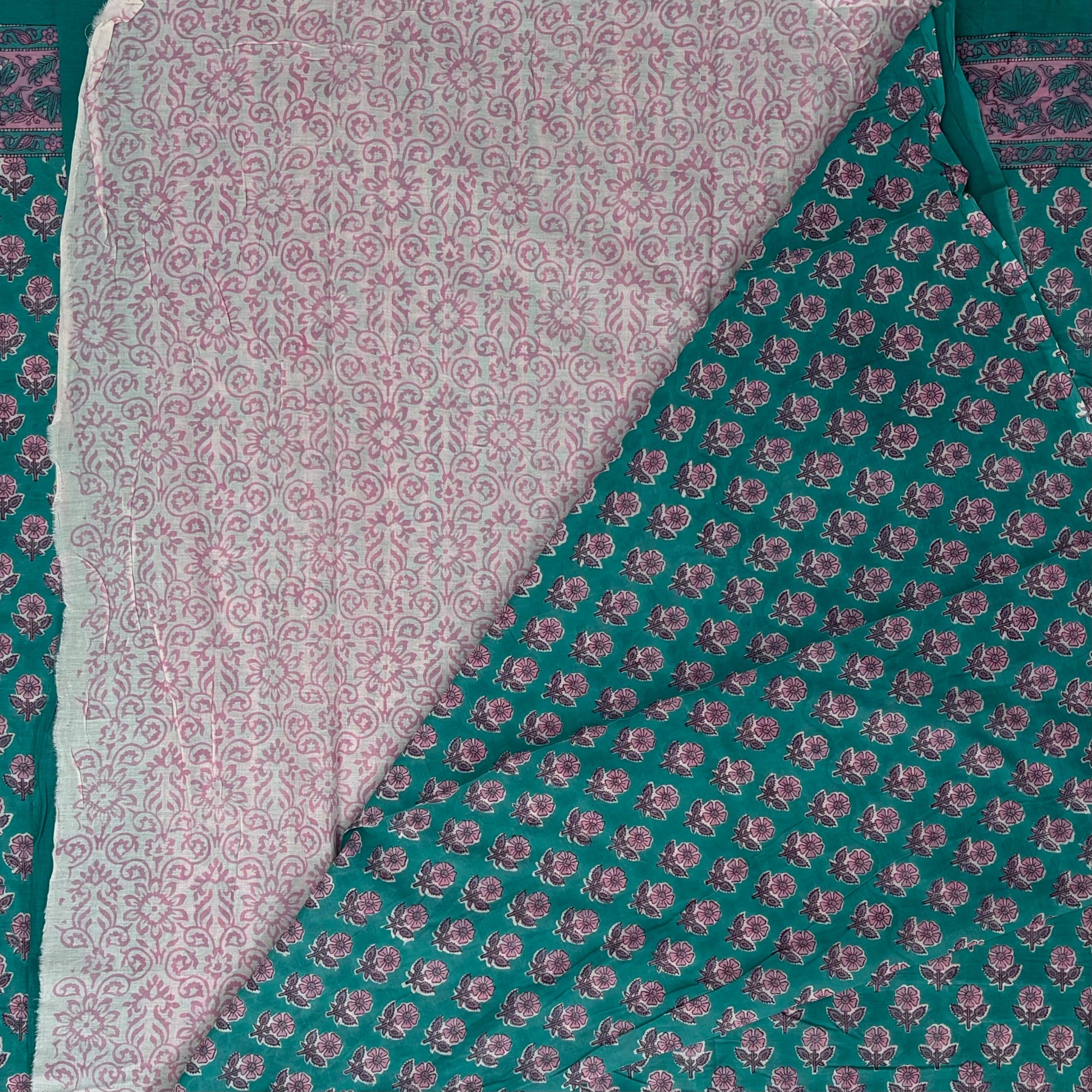 Bagru Blockprinted Cotton Saree - Peacock Green - Blouse