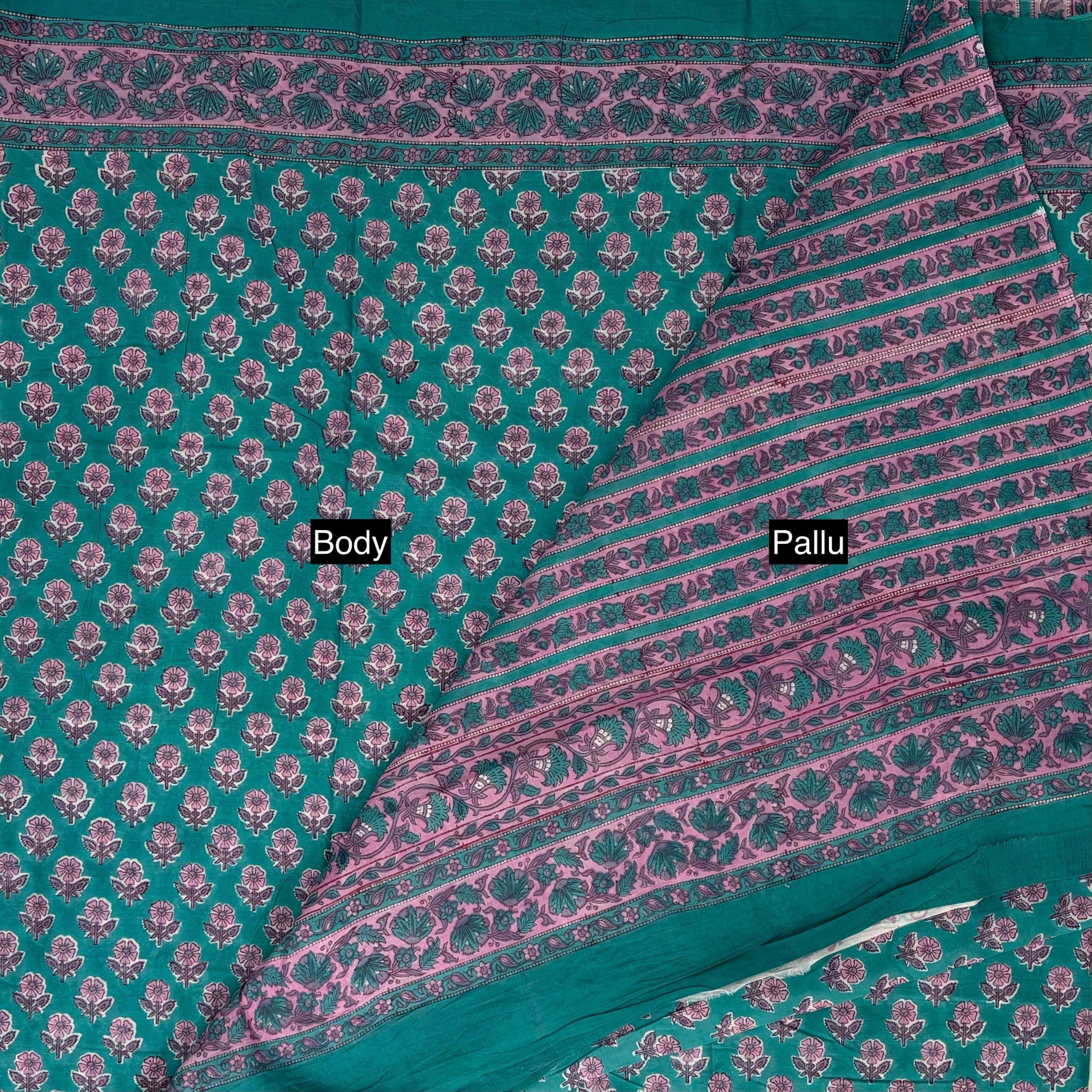 Bagru Blockprinted Cotton Saree - Peacock Green-Pallu