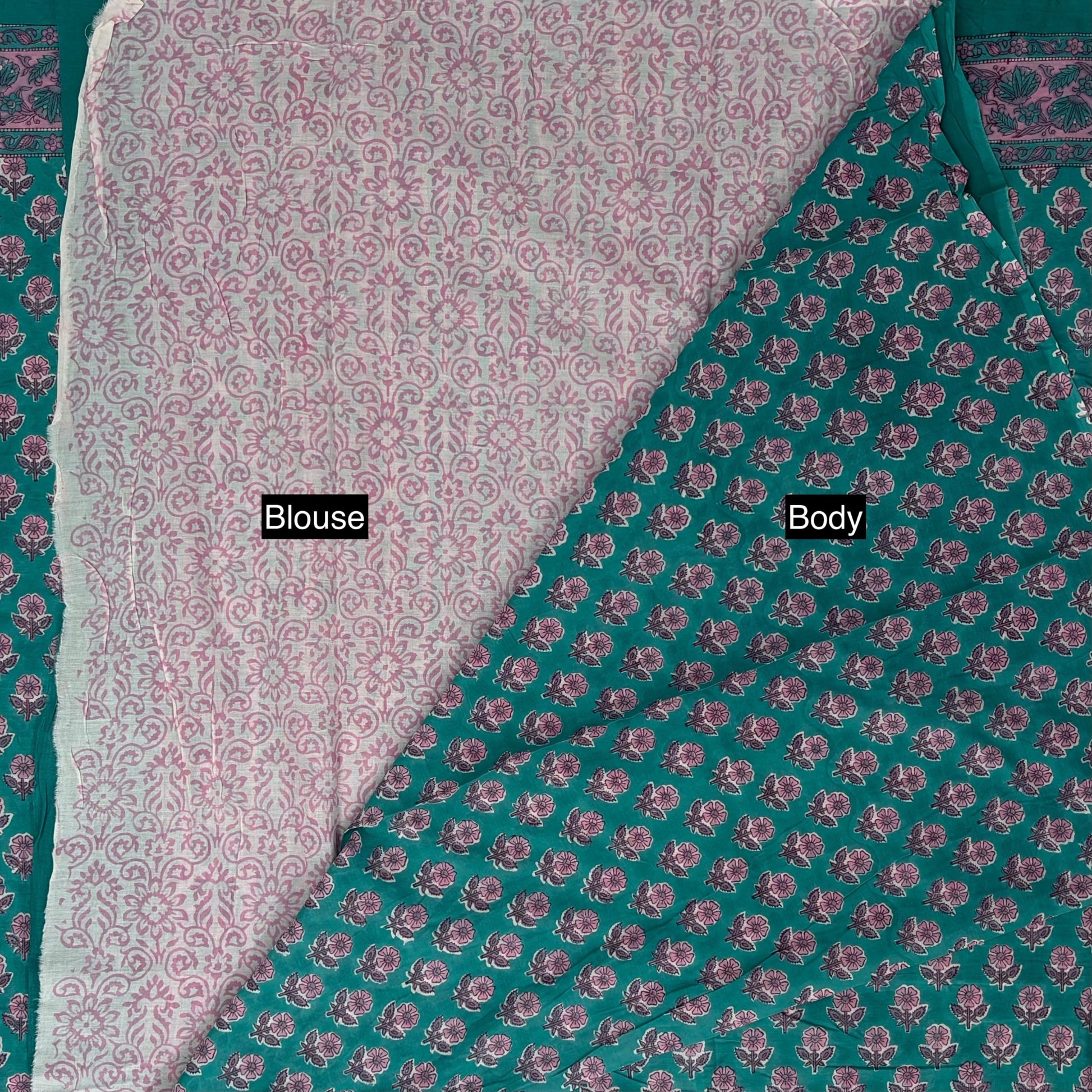 Bagru Blockprinted Cotton Saree - Peacock Green - Blouse