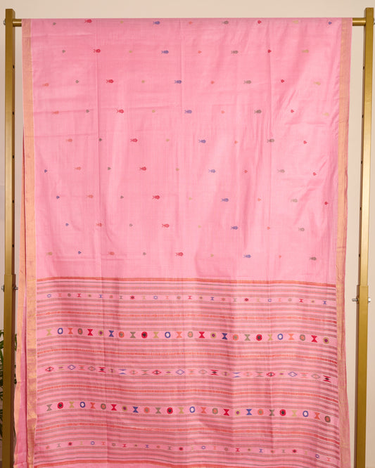 Pink Kosa Silk Saree with Extra Weft Motifs displayed on stand