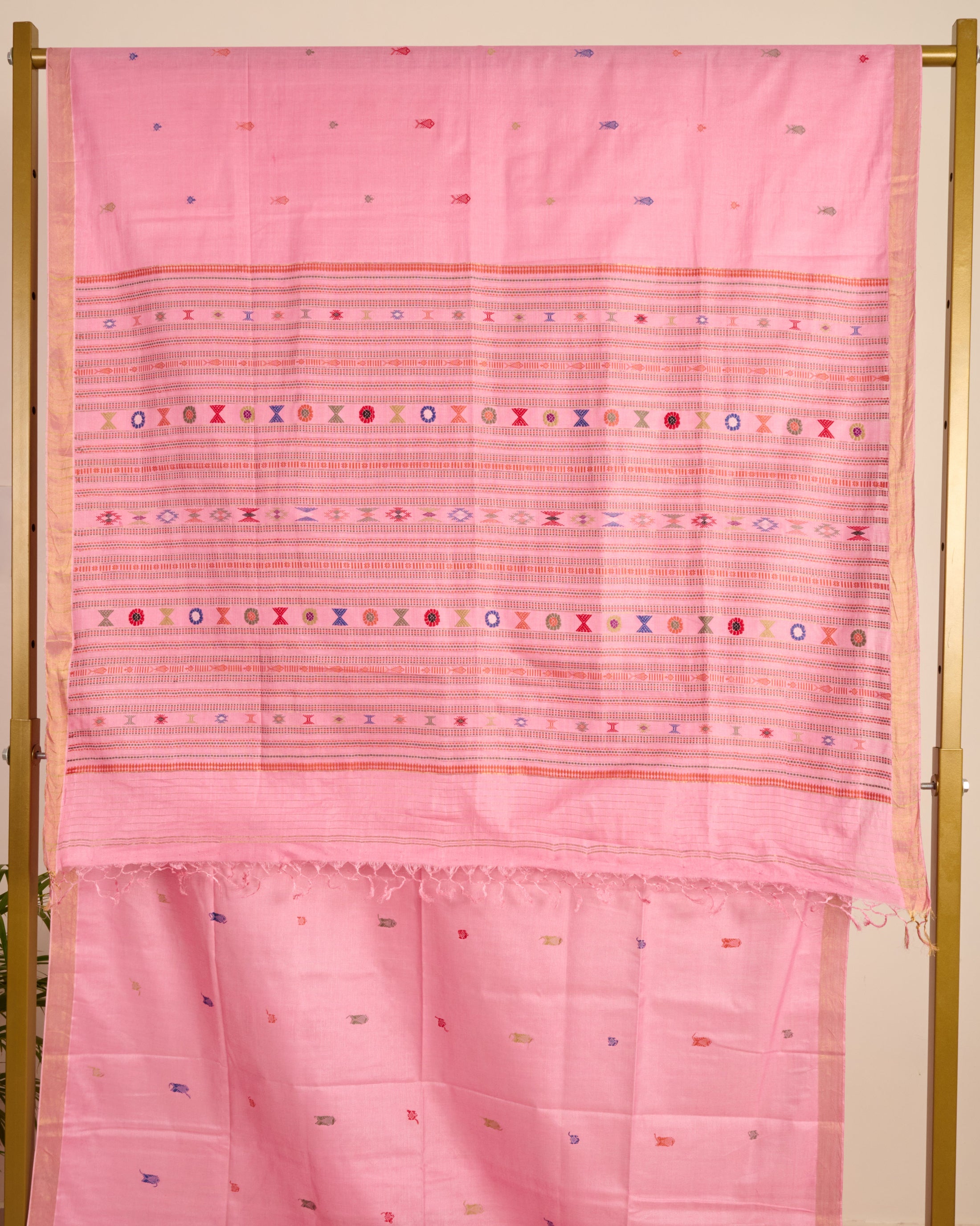 Pink Kosa Silk Saree with Extra Weft Motifs displayed on stand