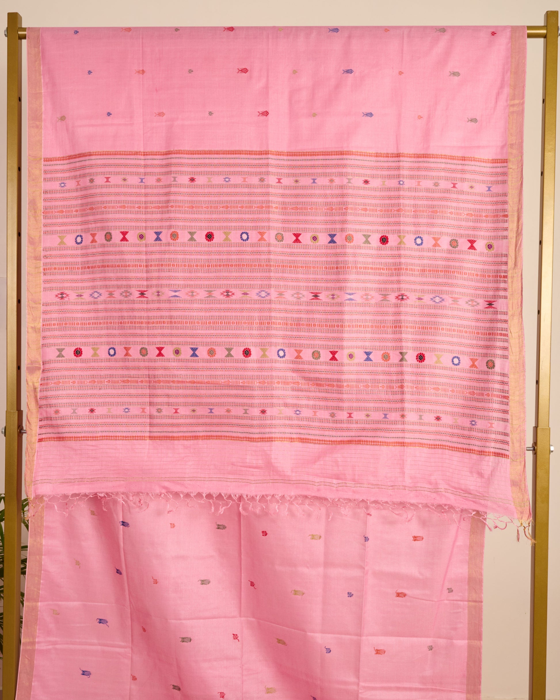 Pink Kosa Silk Saree with Extra Weft Motifs displayed on stand