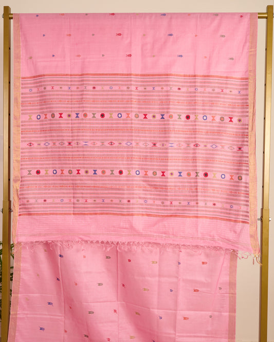 Pink Kosa Silk Saree with Extra Weft Motifs displayed on stand
